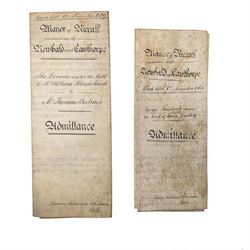 Yorkshire manorial interest - collection of 18th and 19th century vellum and paper court copyhold, admittance, surrender and lease documents relating to the Manor of Dunnington and Dunnington Hall, the Manor of Riccall with Newbald and Cawthorpe, and the Manor of North Duffield with the Members, together with similar documents for Warthorpe Hall, Allerthorpe Hall, Murton and surrounding areas, many retaining original seals, in one box
