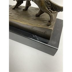 Art Deco style bronze, after Josef Lorenzl, modelled as a nude female figure holding a bow, with two dogs, signed and with foundry mark, raised upon a rectangular marble base, overall H33cm