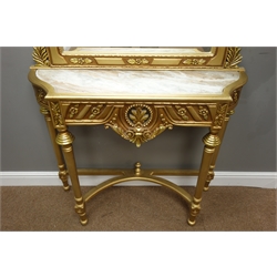  Ornate carved gilt wood console table, inset marble top, turned supports with curved stretcher, with matching wall mirror, table - W100cm, H83cm, D31cm, mirror - 100cm x 126cm  