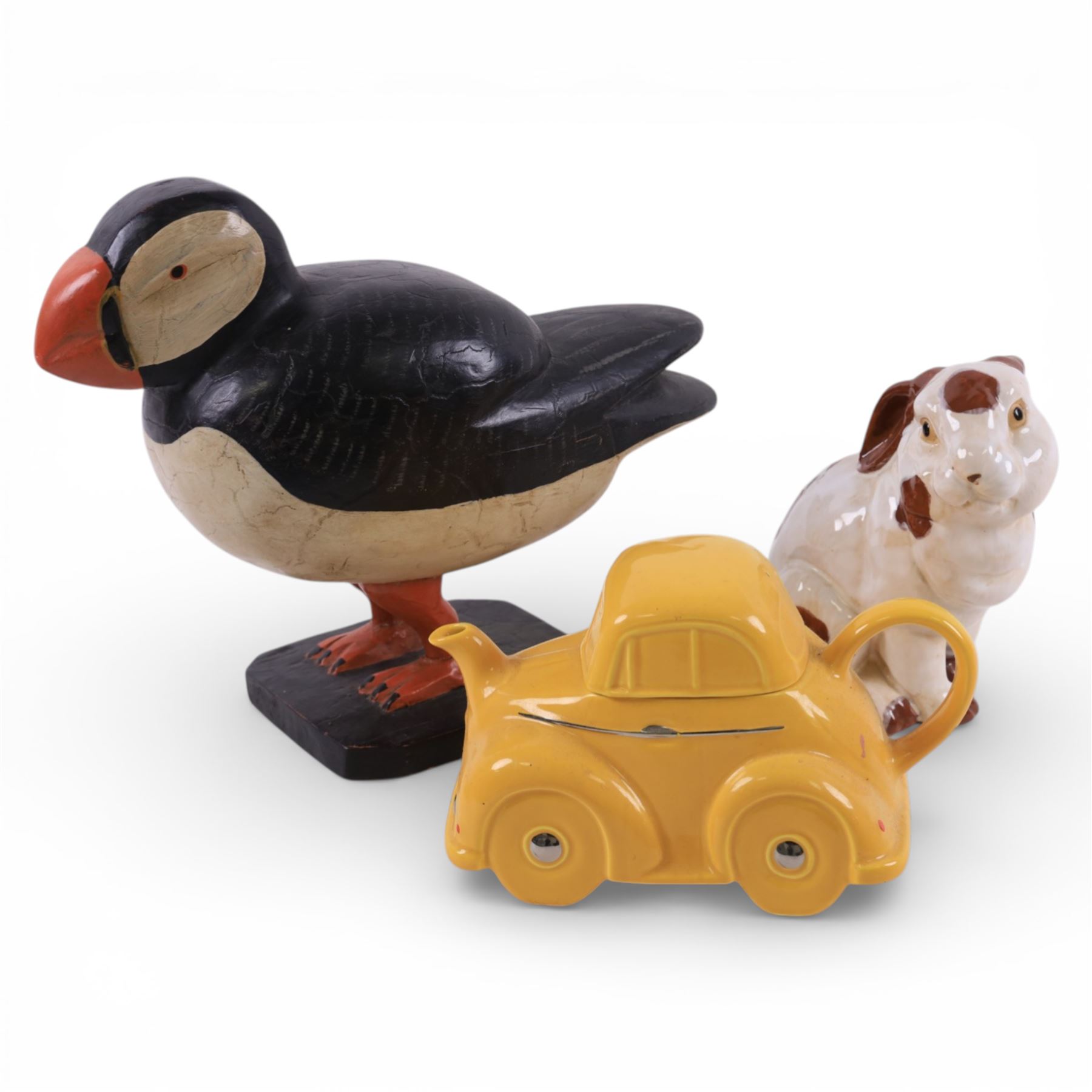 Wooden puffin, together with a Carlton Ware teapot and rabbit  