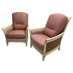 Pair of contemporary hardwood framed armchairs, cream painted moulded frame, upholstered in pink and grey striped fabric with pink herringbone upholstered loose cushions
