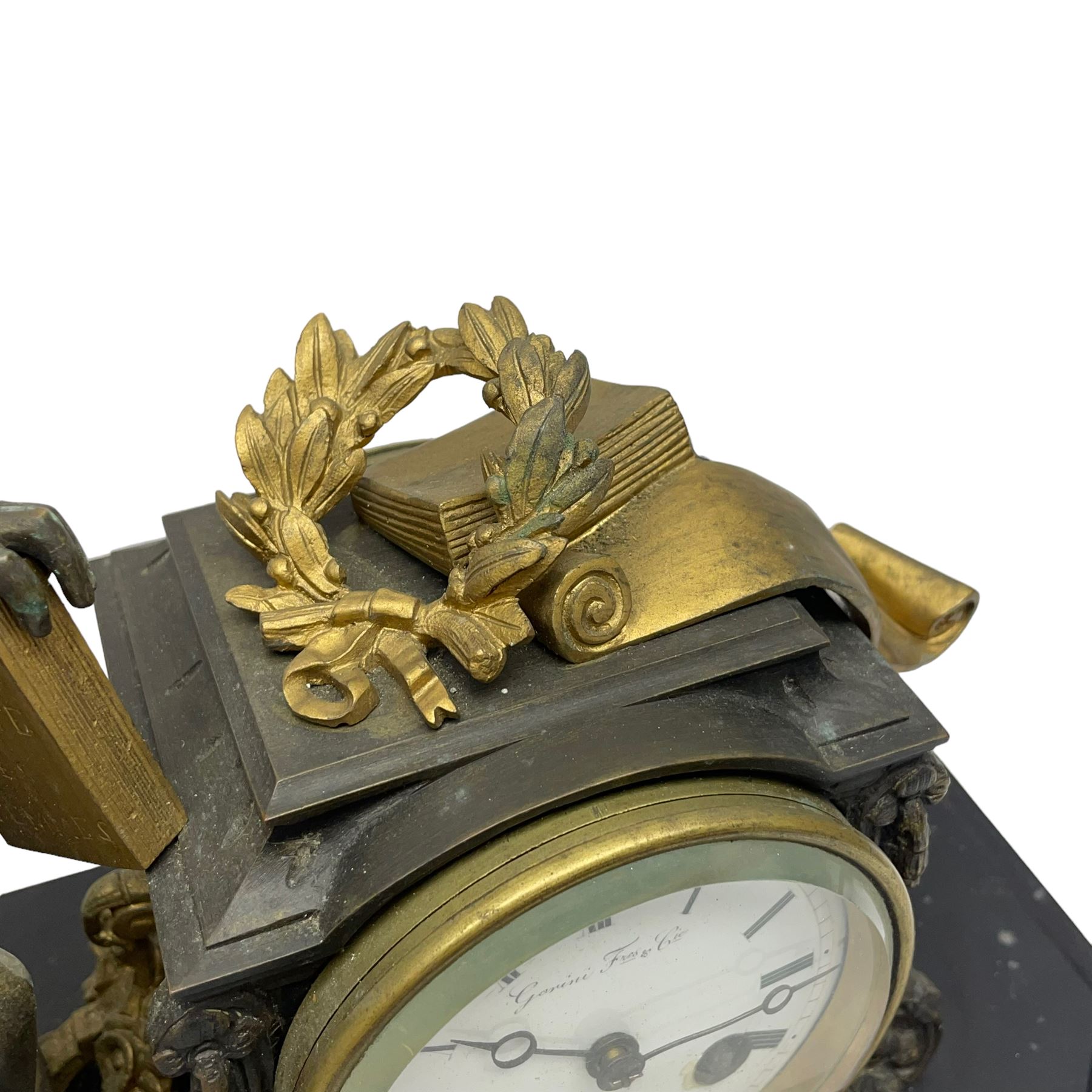 French - 19th century Belgium slate and marble 8-day mantle clock c1860, surmounted with a cast brass figure of the French poet  Ernest Legouve, holding a copy of his collection of poems 