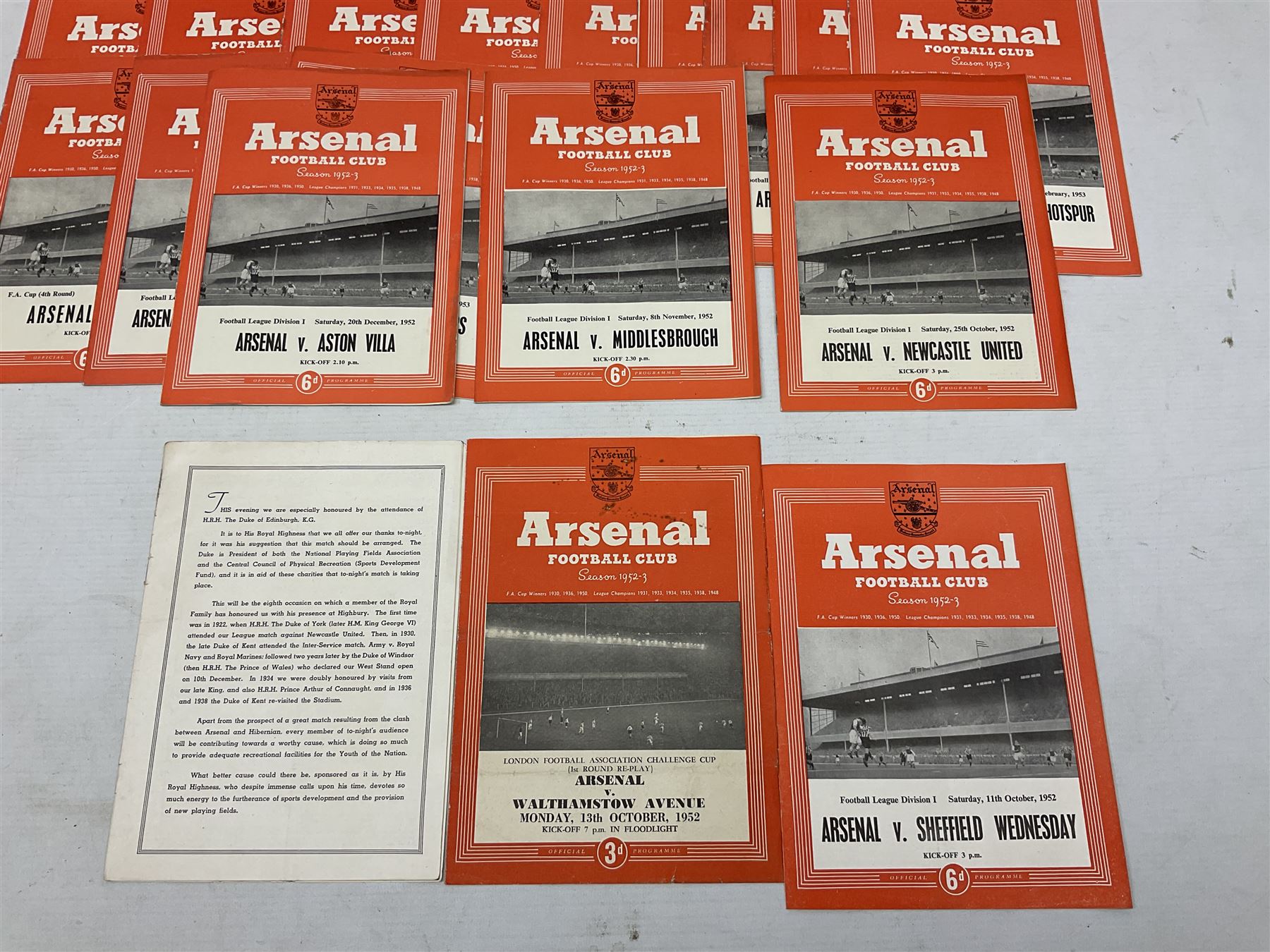 Arsenal F.C. - thirty home programmes for 1951/52 (7) & 1952/53 (23) including Division One, F.A. Cup, London Football Association Challenge Cup, Charity Match, Friendly Match and one duplicate (30)