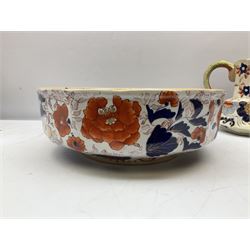 19th century ironstone wash jug and bowl set decorated in the Imari palette, together with two further smaller ironstone jugs similarly decorated, bowl D35cm