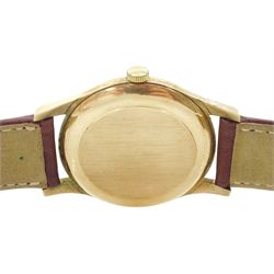 Garrard gentleman's 9ct gold manual wind wristwatch, silvered dial with Arabic numerals and subsidiary seconds dial, London 1978, on brown leather strap, boxed