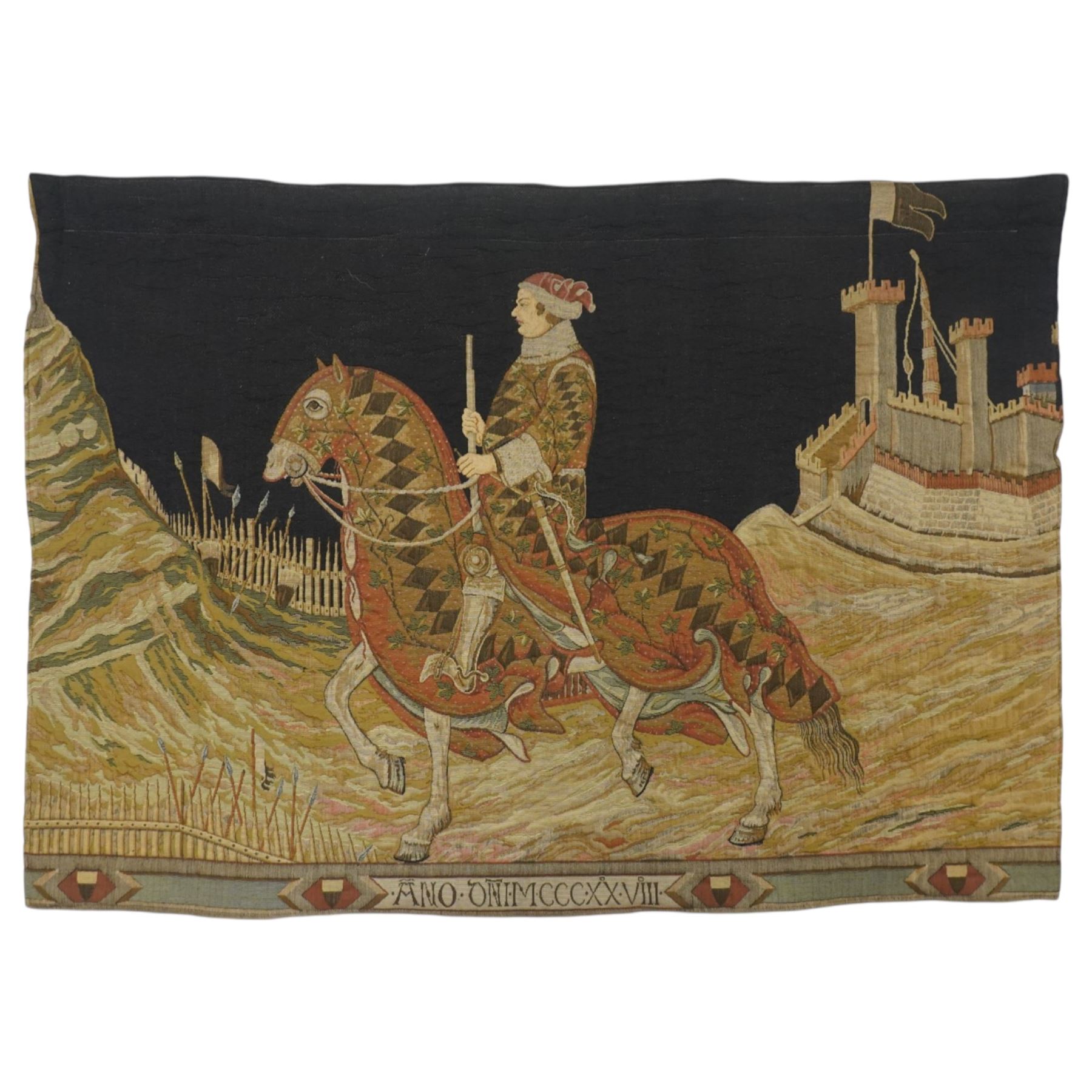 Large 20th century tapestry after Simone Martini (Italian 1284-1344), depicting a section of the Guidoriccio da Fogliano at the Siege of Montemassi fresco, 93cm x 134cm