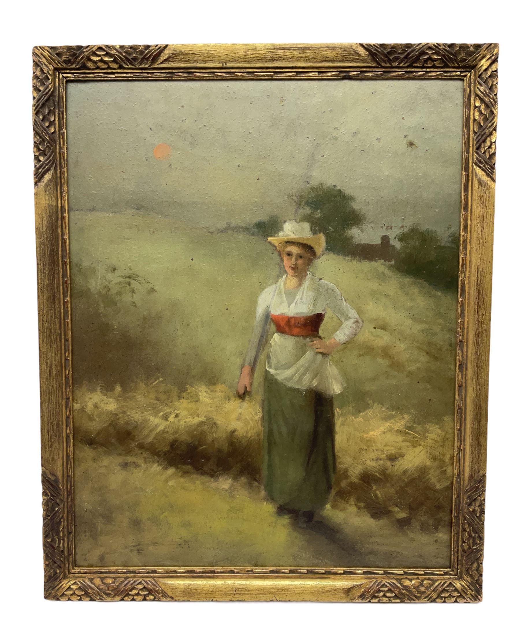 English School (19th century): Country Girl at Dawn, oil on board unsigned, verso William Joseph Boyes (British 1871-1919): 'Woman Feeding Chickens', watercolour signed and dated 1891, 50cm x 39cm