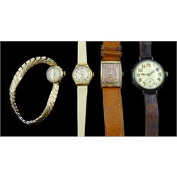 WWI silver trench watch, London import marks 1915, gold-plated Croton wristwatch and two ladies 9ct gold wristwatches, hallmarked, on leather straps (4)