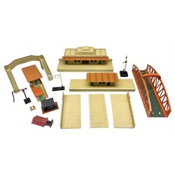 Hornby Dublo - two stations, signal box, 3-piece platform, footbridge, girder bridge etc; and other die-cast trackside and station accessories; all unboxed