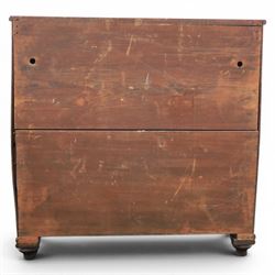 Early 19th century mahogany secretaire-bookcase, projecting cornice above astragal glazed cabinet with adjustable shelved interior, fall front secretaire drawer, fitted interior with pigeonholes and drawers, flame mahogany fronted cabinet with three drawers, on turned supports 