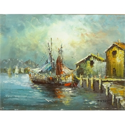  Boats in a Harbour and Continental Street Scenes, three 20th century oils on canvas paper two signed P. G Tiele 30cm x 40cm (3)  