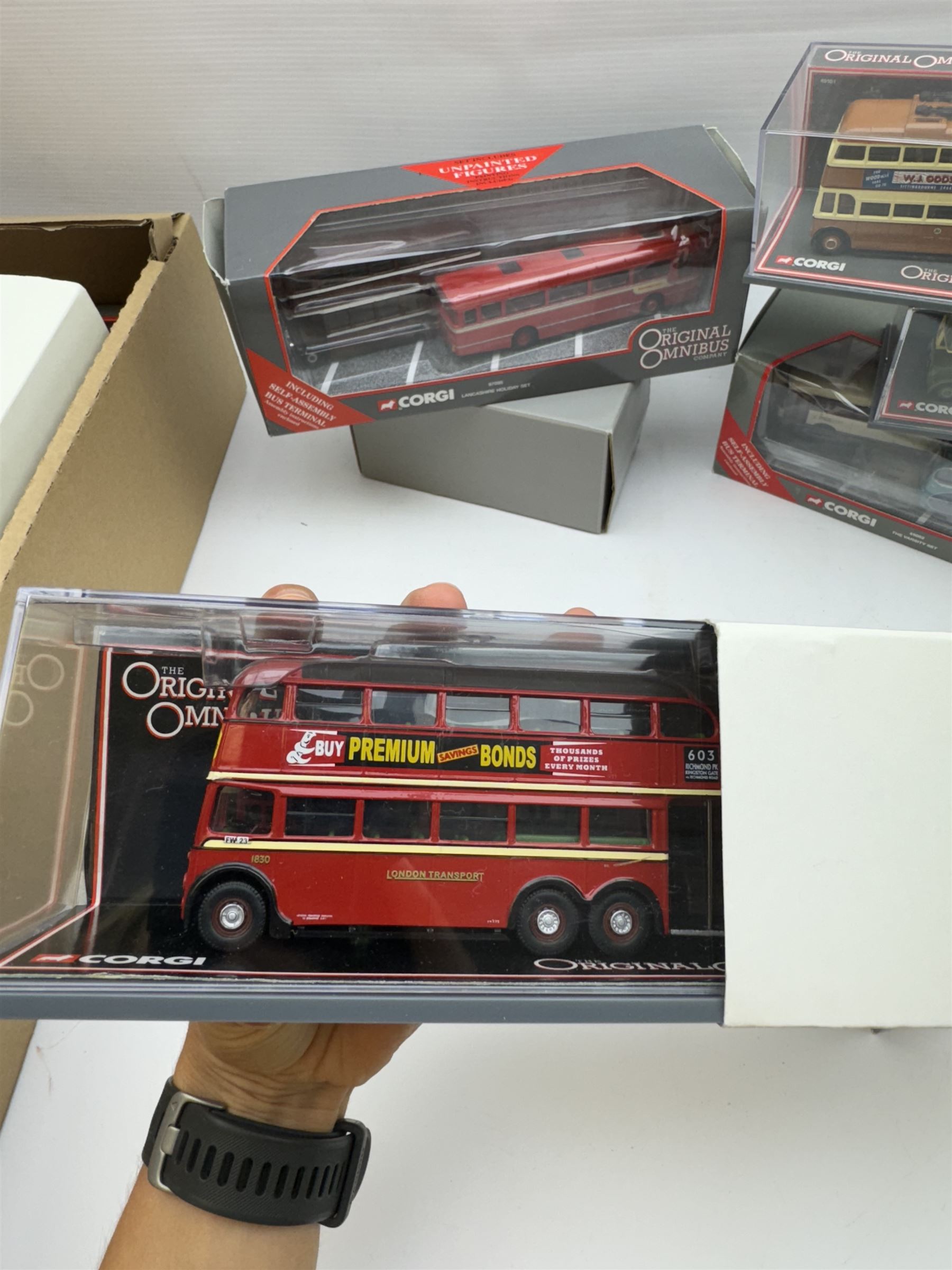 Nineteen limited edition Corgi The Original Omnibus 1:76 scale diecast models, including 45001 Dorset Delights, 45002 The Varsity Set and 97095 Lancashire Holiday Set, all boxed with certificates 