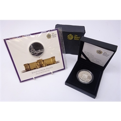  The Royal Mint 2015 UK one-hundred pounds fine silver coin, on original card holder and a 2009 'Henry VIII' piedfort silver proof five pound coin, cased with certificate  