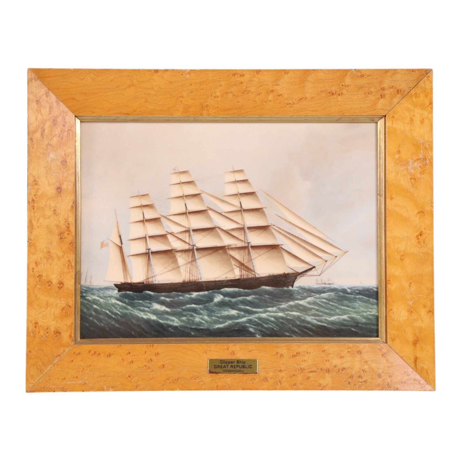 Set of Six Wedgwood plaques, each decorated with a clipper ship, inscribed to the reverse, in maple frames, 25cmx31cm