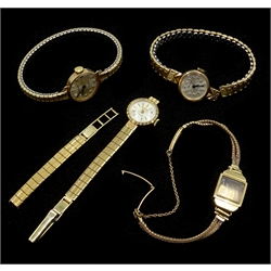 9ct gold bracelet watch case, hallmarked and three 9ct gold ladies Sekonda watches on gold-plated straps  