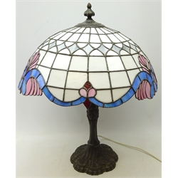  Tiffany style table lamp with leaded glass shade and moulded cast metal base, H68cm   