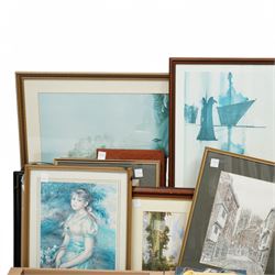 Large collection of prints, original oil of Chinese Junk ships, quantity of books, mainly historical and art related, two chess boards and figures, etc 