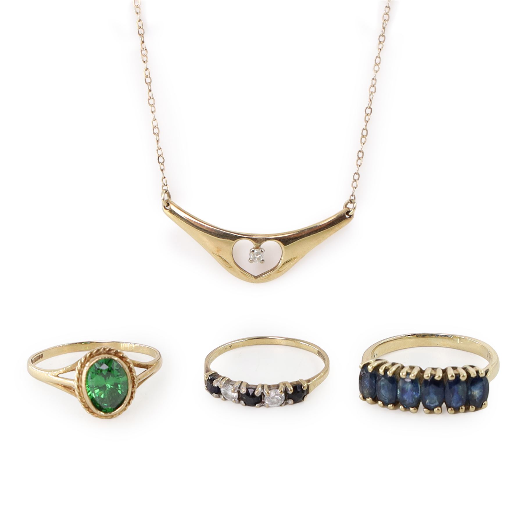 9ct gold jewellery including diamond pendant necklace, six stone sapphire ring, green stone set ring and a sapphire and cubic zirconia ring