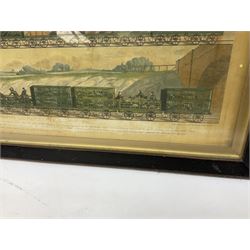 Two framed and glazed coloured carriage prints, Both depicting travelling on the Liverpool and Manchester railway 1831 the fist one showing 'Plate I a train of the first cclafs of carriages with mail - Plate II a train of the second class for outside passengers - with the third class behind', the second print showing 'Plate III. a train of waggons with goods - Plate IV a train carriage with cattle', together with a L.N.E.R plans for Thirsk additional up line and alterations to station 1942 