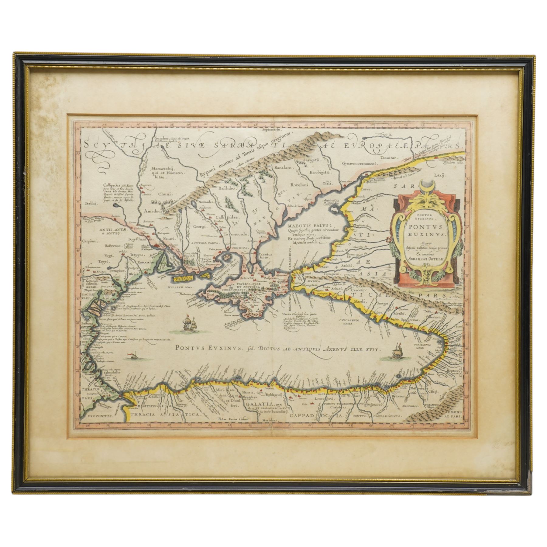 Abraham Ortelius (Belgian 1527-1598): 'Pontus Euxinus', early 17th century engraved map with hand-colouring of the Black Sea and the Crimean Peninsula pub. c.1609, 50cm x 35cm (unframed)
