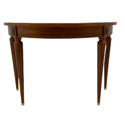 Contemporary cherry wood demi-lune console table, on tapering turned supports with fluting