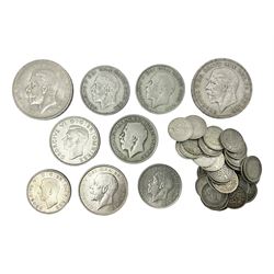 Approximately 195 grams of Great British pre 1947 silver coins, including two King George V 1935 crowns, half crowns, florins etc