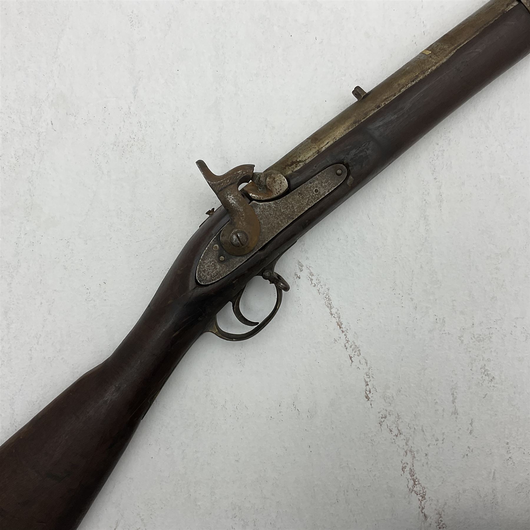 20th century Indian percussion military musket, approximately 20-bore, the 96.5cm barrel with three bands, the steel lock-plate marked 1862 Enfield, walnut full stock with brass fittings and under barrel ramrod channel L140.5cm overall
