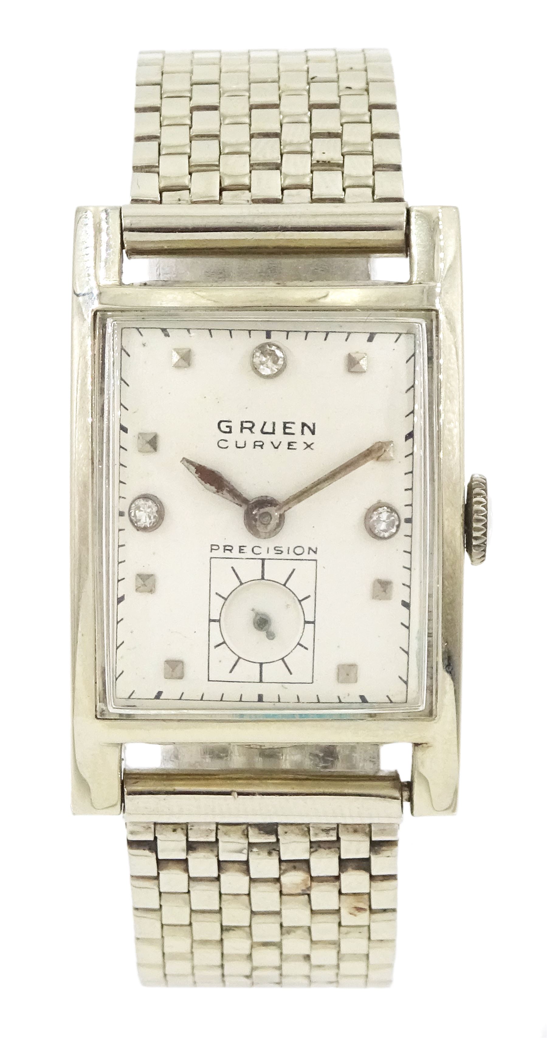 Gruen Curvex Precision gentleman's 14ct white gold manual wind wristwatch, back case No. 282688, rectangular silvered dial, with diamond dot markers at 12, 3 and 9 o'clock and subsidiary seconds dial, on 14ct white gold bracelet, both stamped 14K, with additional links