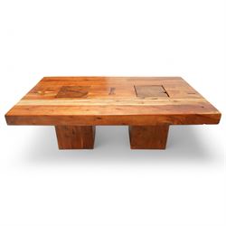 Hardwood coffee table, rectangular top on block supports 