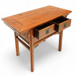Late 20th century, Chinese elm low table, rectangular to over two drawers, decorated with floral carved brackets 