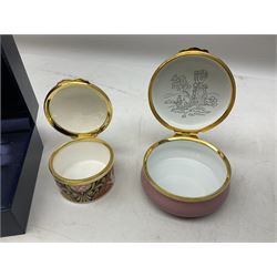 Two Crummles enamel trinket boxes to include William Wordsworth example and a larger example decorated with roses and other flowers, boxed Royal Worcester Golden Jubilee box, two Aynsley boxes, Dresden box, Hammersley and Aynsley examples decorated with birds etc