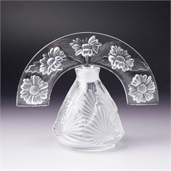 Lalique clear glass ' Clairefontaine' scent bottle with frosted glass stopper H12cm and another Lalique 'Folie' scent bottle  with arc tiara stopper H10cm both inscribed 'Lalique, France' (2)