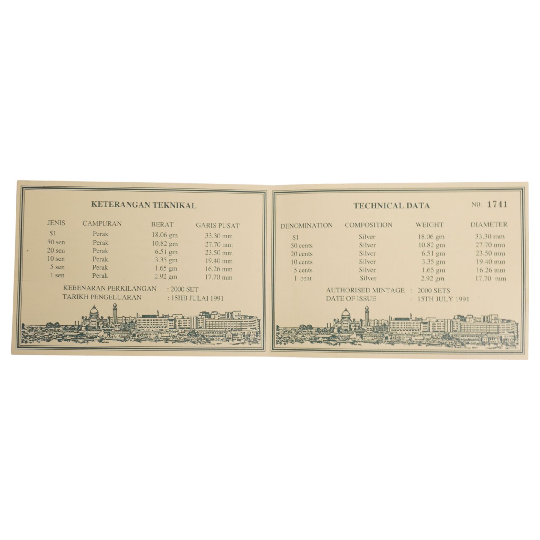 Brunei 1991 silver proof six coin set, one dollar to one sen, minted by The Singapore Mint, cased with certificate