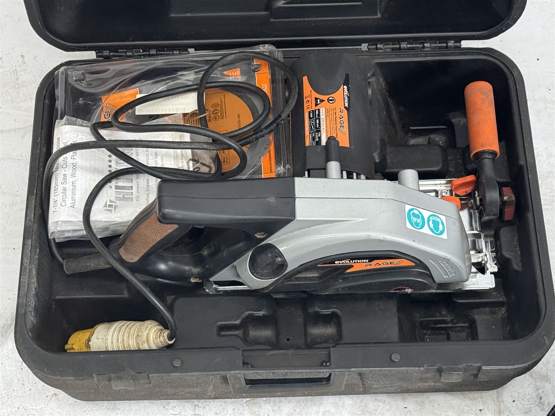 Evolution 110V circular saw and a Kimberley Clark welding mask