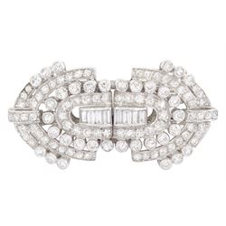 Early - mid 20th century platinum diamond brooch / hair clips, each clip set with round an...