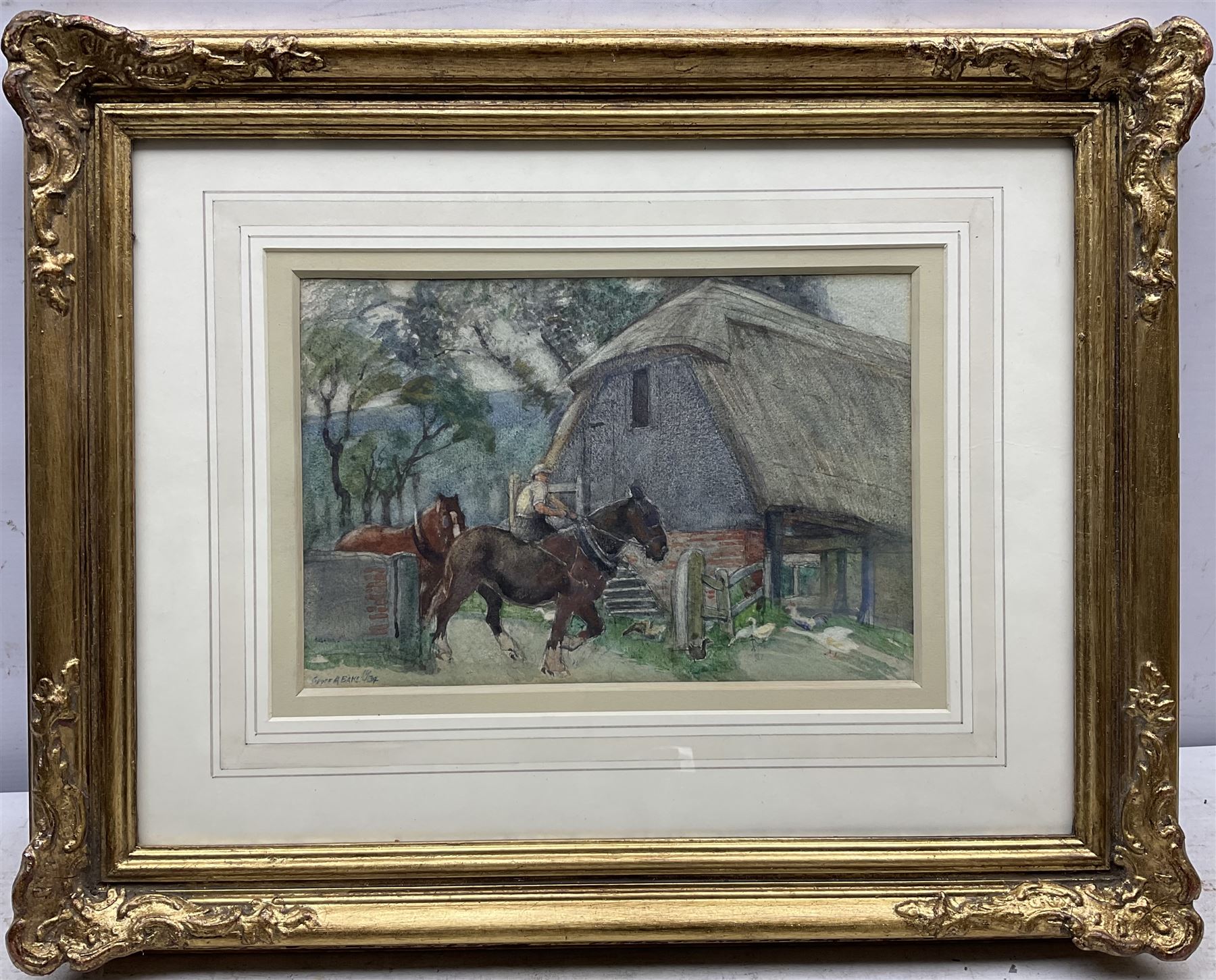 Geoffrey Alan Baker (British 1881-1959): Horses by a Barn, watercolour and dated 1934, 17cm x 25cm
Notes: Baker studied Canterbury Art School and Royal College of Art, later became Principal Bournemouth Art School