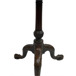 George III mahogany tripod table, pie-crust tilt-top on birdcage action with turned columns, turned column with twist baluster, on out-splayed ball and claw carved feet with foliate and shell cartouche carved knees 