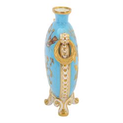 Royal Crown Derby moon flask, decorated with birds in branches upon a blue ground, with gilt detail, printed mark beneath, H20cm