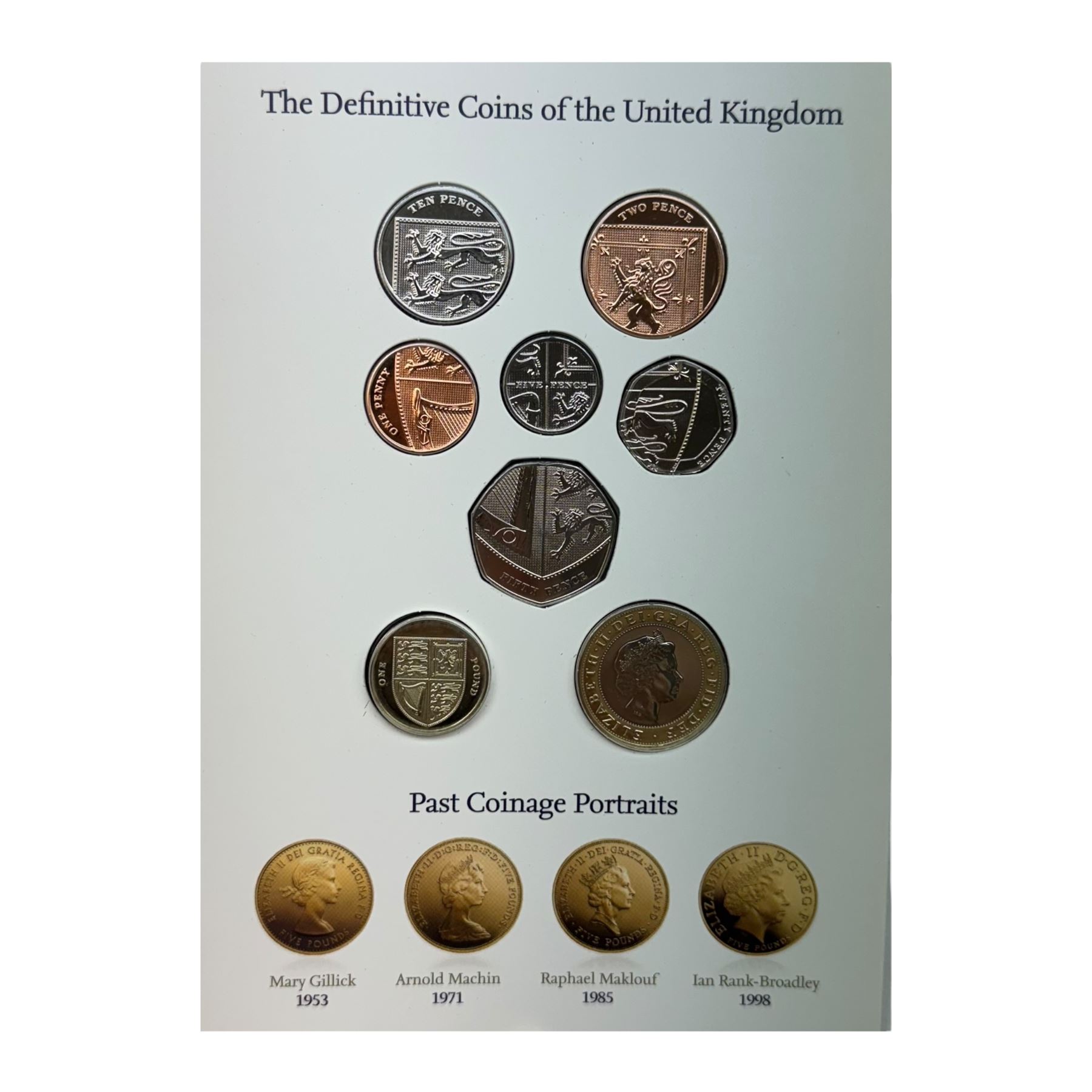 Seven The Royal Mint United Kingdom uncirculated coin sets, comprising  2008 'Emblems of Britain' seven coins, 2010 'A celebration of Britain' eight coins, 2014 'Definitive' eight coins, 2015 'The Fourth Circulating Coinage Portrait Final Edition' eight coins, 2022 'Definitive' eight coins, 2023 'King Charles III Definitives' eight coins and 2024 'Definitive' eight coins, all in card folders
