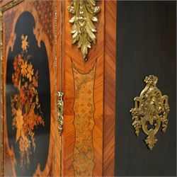 Late Victorian floral marquetry and ormolu mounted side cabinet, with white marble top above a frieze of floral inlay, single cupboard door revealing a shelved interior, with central floral bouquet panel within gilt-bronze border, flanked by gilt metal mounts of female masks and scrolls, on shaped plinth base