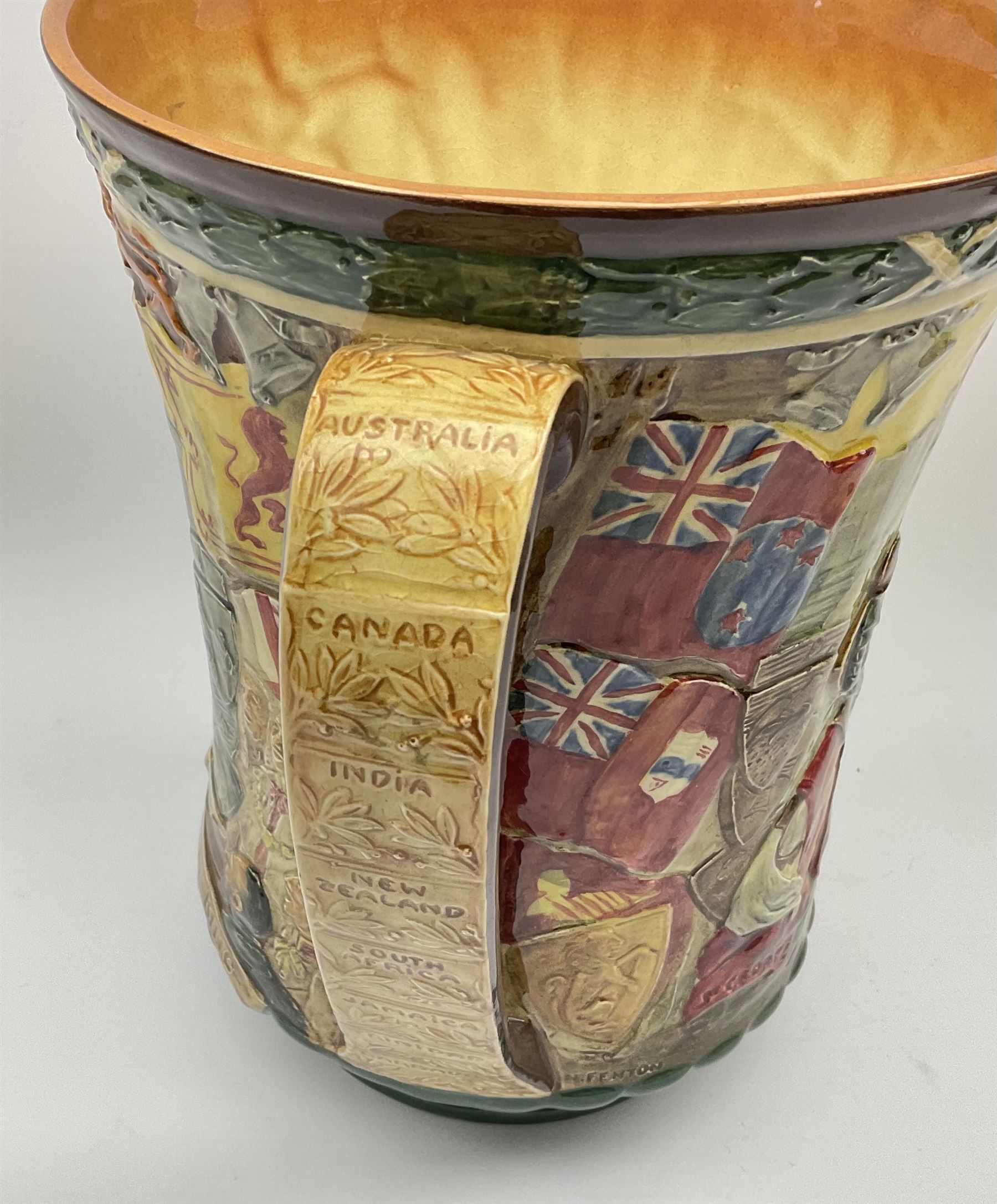 A Royal Doulton Charles Noke and Harry Fenton limited edition Coronation Loving Cup for Edward VIII, 1937, relief moulded with St George to one side and King Edward to the other, with printed marks beneath and numbered 667 of 2000, H26cm. 