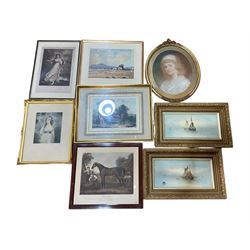 19th century portrait pastel, pair of J Geldard Walton marine watercolours, mezzotint, etc