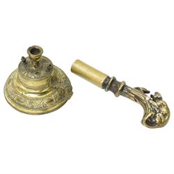 Cane handle in the form of a mongoose and snake, brass oil chamber stick, another and a copper panel decorated in relief with cherubs and a goat 20cm x 32cm