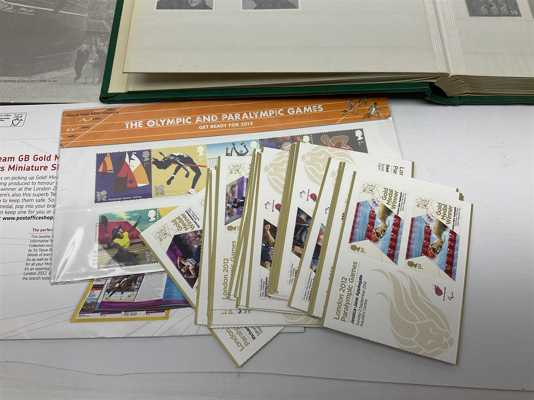 Queen Elizabeth II mint decimal stamps, mostly London 2012 Olympic games 1st class, face value of usable postage approximately 535 GBP