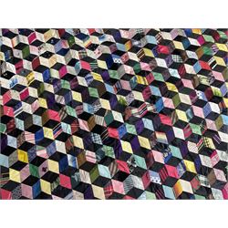 20th Century silk and satin tumbling blocks pattern patchwork quilt with black border 228cm X 196cm