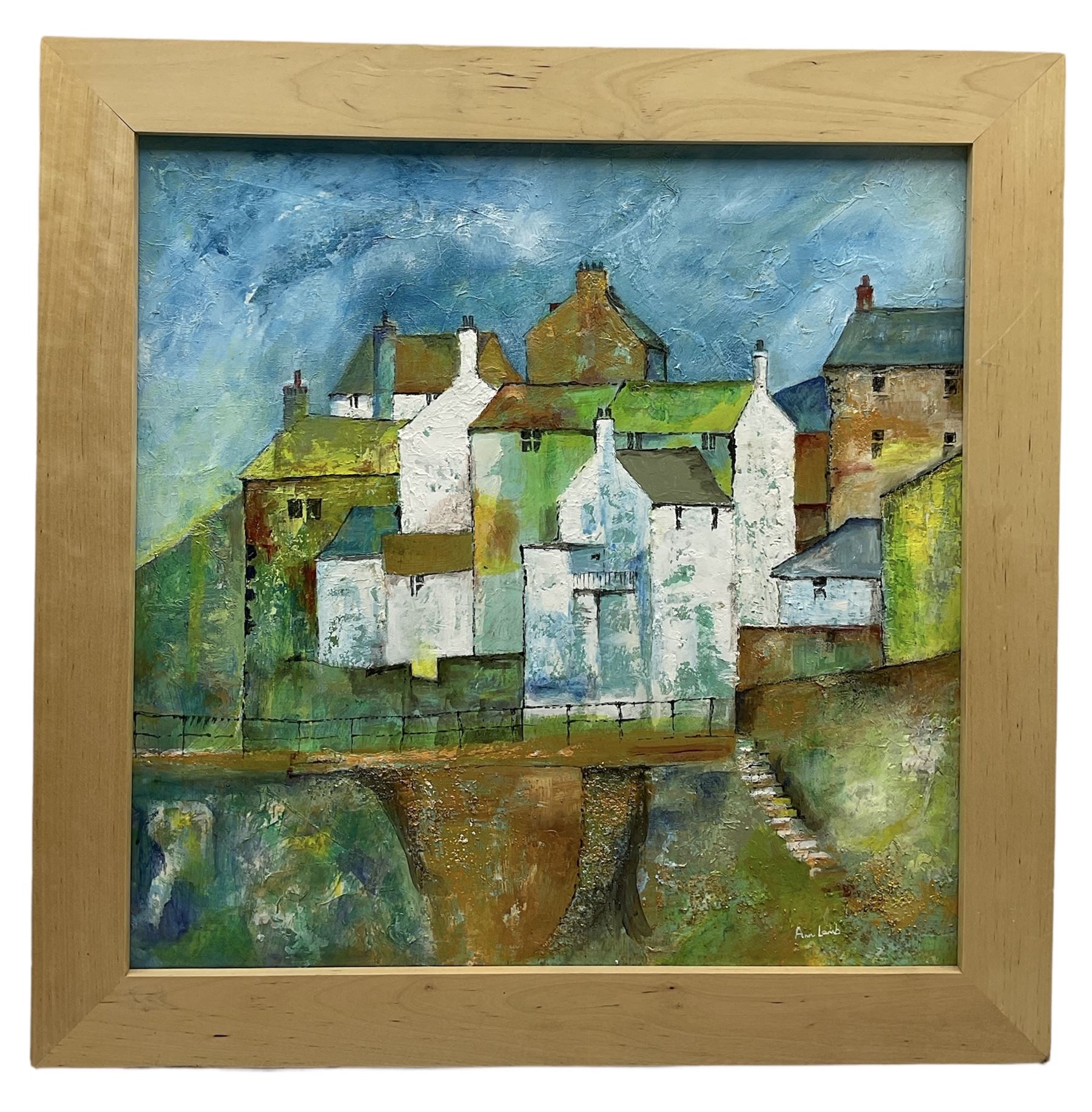 Ann Lamb (British 1955-): Staithes, mixed media on board signed 48cm x 48cm