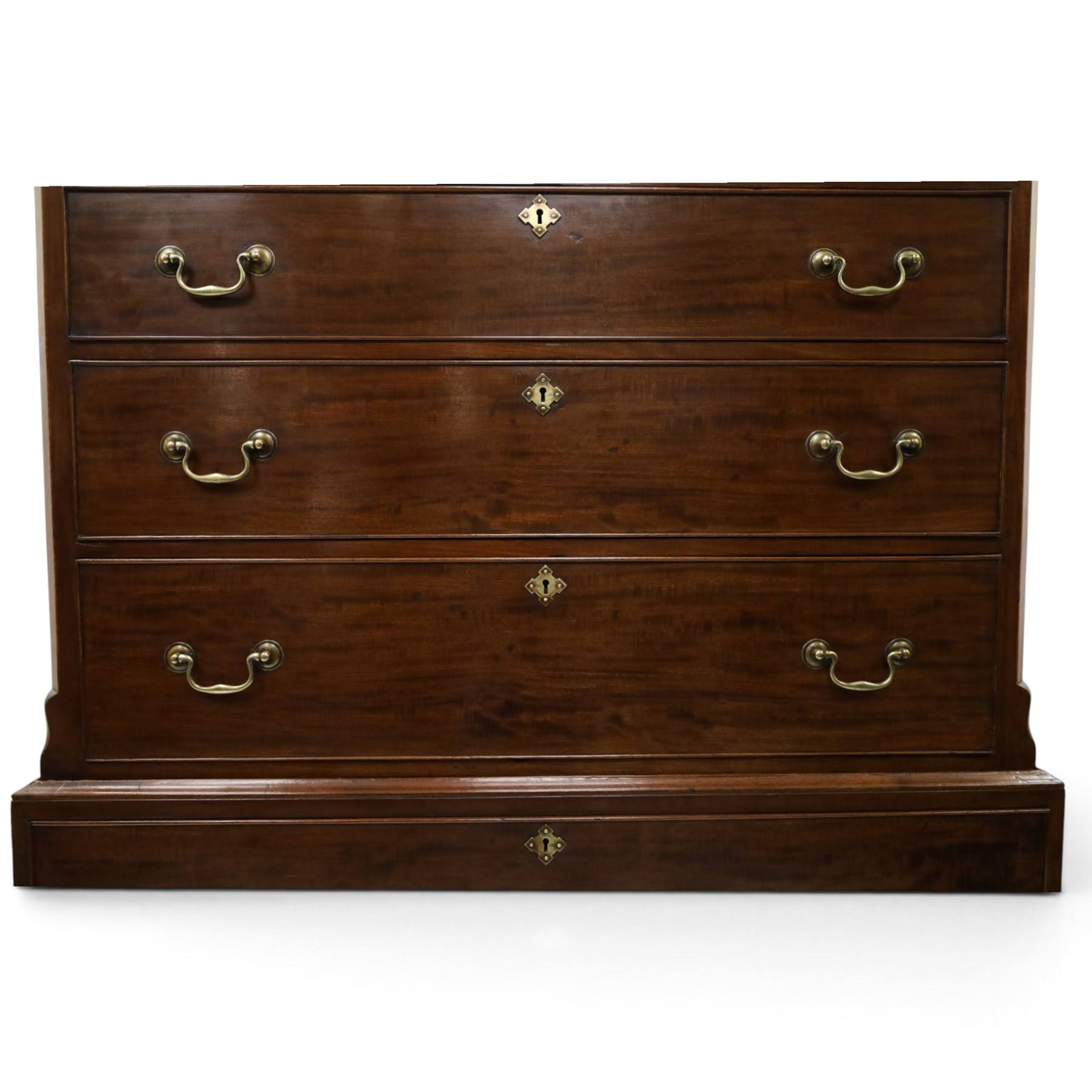 Late 18th century George III mahogany secretaire chest-on-chest, dentil cornice over banded frieze, the top section fitted with three short cock-beaded drawers over three long flanked by chamfered uprights, the base with initial secretaire drawer - fall-front enclosing fitted interior with button-release, correspondence drawers and pigeonholes, over two long drawers with brass swan-neck handles and bracket feet