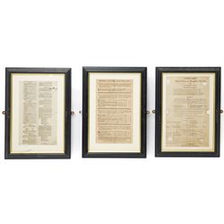 18th century double page handbill for 'Newmarket First Spring Meeting, April 1799' with list of runners and owners etc 31cm x 37cm framed, a single page bill 'Newmarket Third October or Houghton Meeting October 1803', another 'Doncaster Races September 1767' 30cm x 17cm, and another York August Meeting 1806 29cm x 17cm all framed (4) 
Provenance: property of a Nobleman