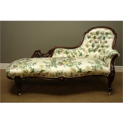  Victorian walnut chaise longue, moulded frame carved with scrolls, upholstered in Vintage Sanderson 'Knowle' pattern sateen fabric, on carved cabriole legs with castors, L156cm, H90cm  