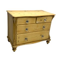 19th century continental pine chest, shaped serpentine top over two short and two long graduated drawers, on turned bun supports